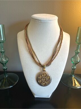 Premier Designs Mixed Metal Floral Medallion Pendant Necklace